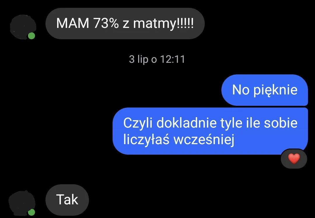 Wiadomość o wyniku 73 procent z matematyki