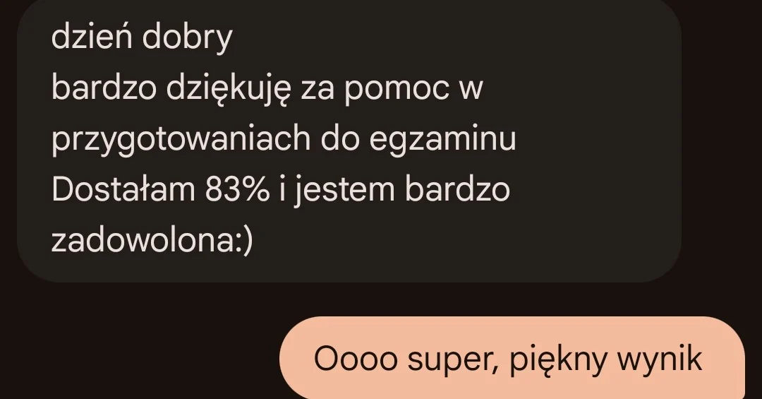 Wiadomość o wyniku 83 procent i zadowoleniu
