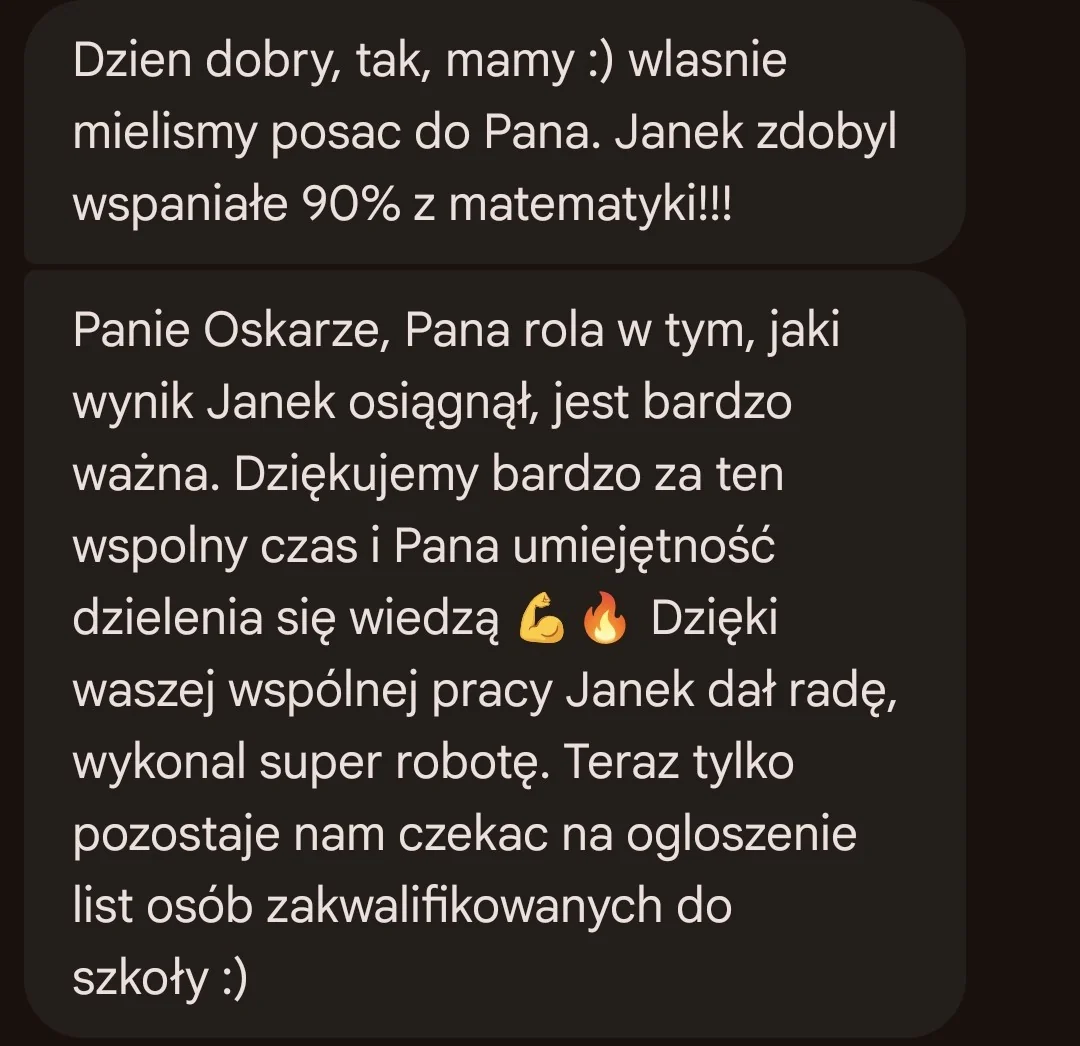 Wiadomość rodzica o wyniku 90 procent