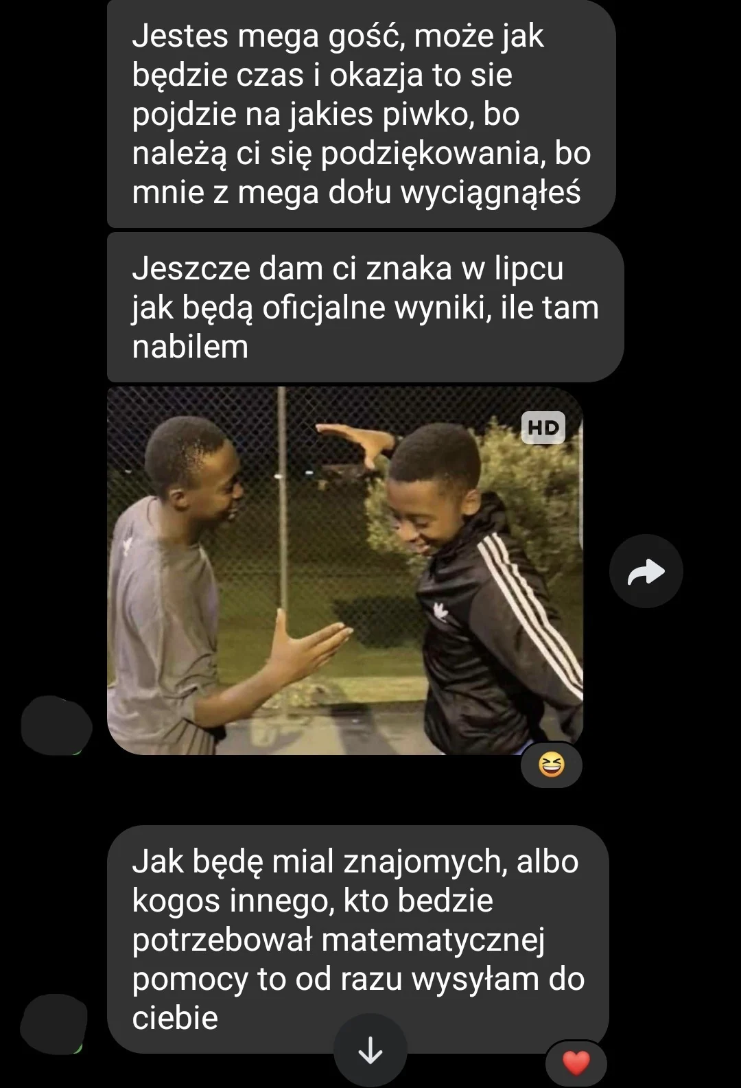Wiadomość ucznia z poleceniem i chęcią polecania dalej