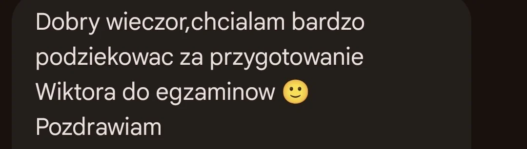 Wiadomość rodzica z podziękowaniem za przygotowanie do egzaminów